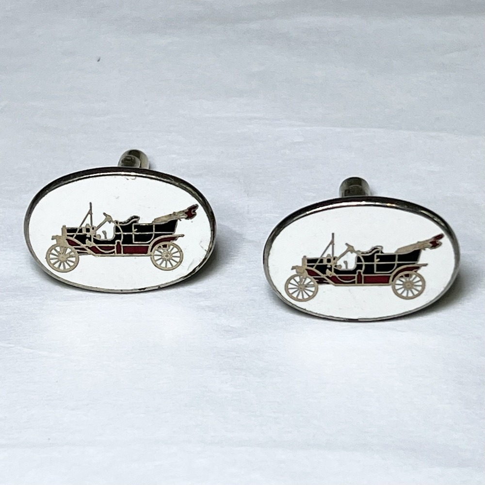 Vintage Gold Tone White Enamel Antique Carriage Cufflinks Automobile Convertible